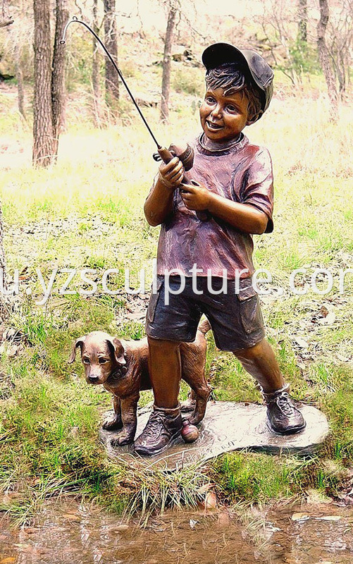 Bronze Boy and Dog Sculpture 